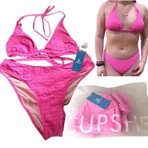 NEW Cupshe SWIMSUIT Womens MED Bikini Set 2PC Halter V Neck Ruched Cheeky Bottom